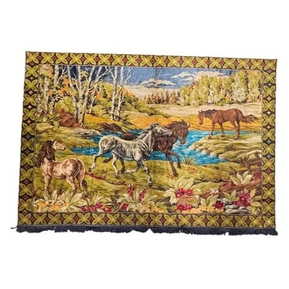 Vintage Wild Horses Wall Hanging Tapestry Rug‎ 1970s 70x 49 Landscape